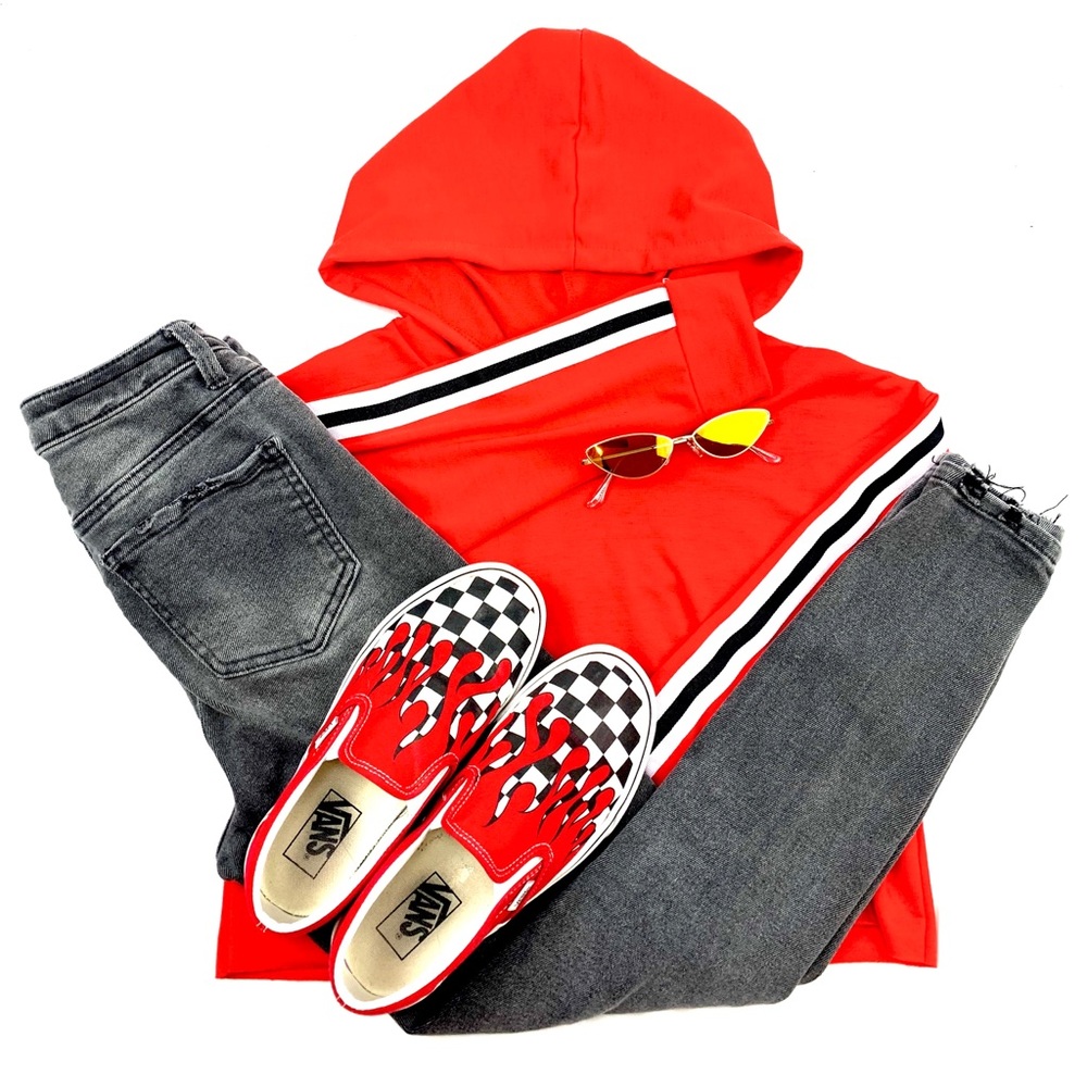 Red black and white cropped hoodie